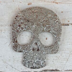 Silver Tone Large Metal Skull Necklace Pendant 3 x 2.25” Dia de los Muertos